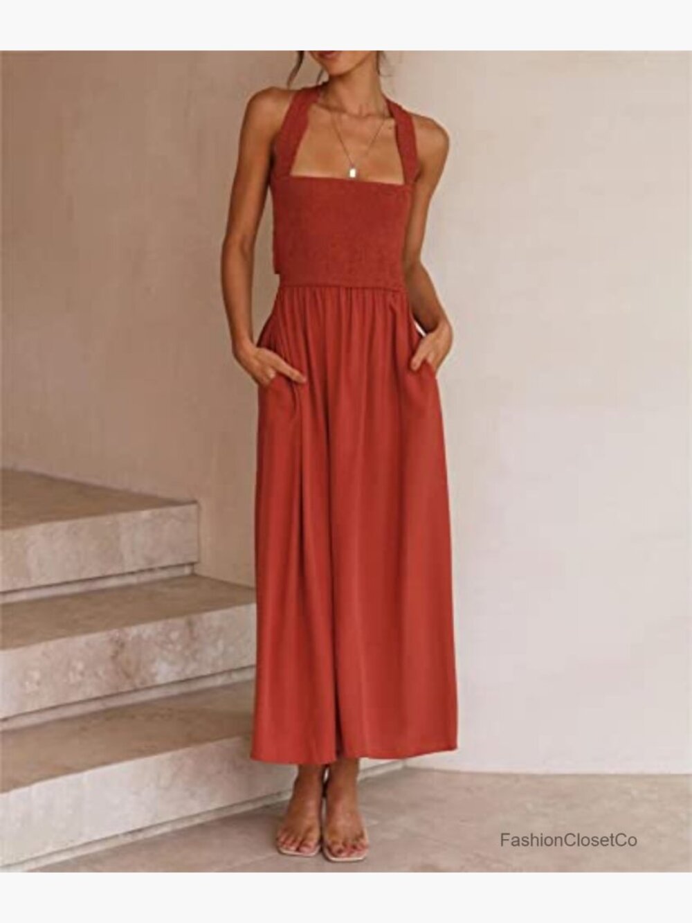 Square Neck Halter Lace Up Criss Cross Maxi Dress Smocked Ruched A Line - Picture 6 of 6